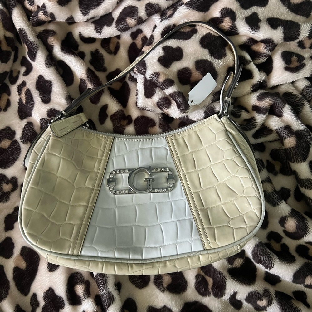 Guess Cream and White Croc-Embossed Shoulder Bag